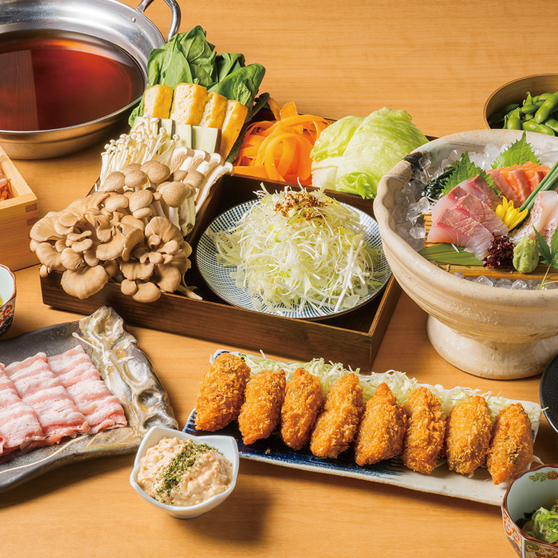 【8/16～11/15】大粒牡蠣フライや氷温熟成黒豚と秋野菜のつゆしゃぶを含む全6品！2時間飲み放題付き『一家団欒鍋コース』5000円